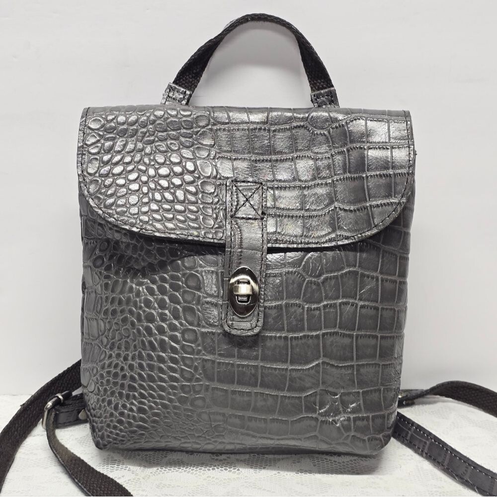 Patricia Nash Davoli Genuine Smokey Gray Croco Leather Convertible Backpack